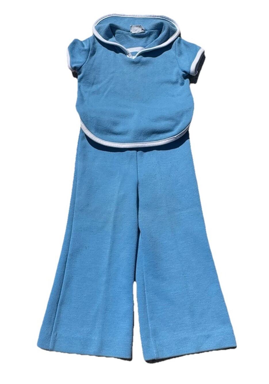 Vintage 1970s AILEEN Two Piece Outfit Blue Nautical Bell Bottom Pants Sz 3